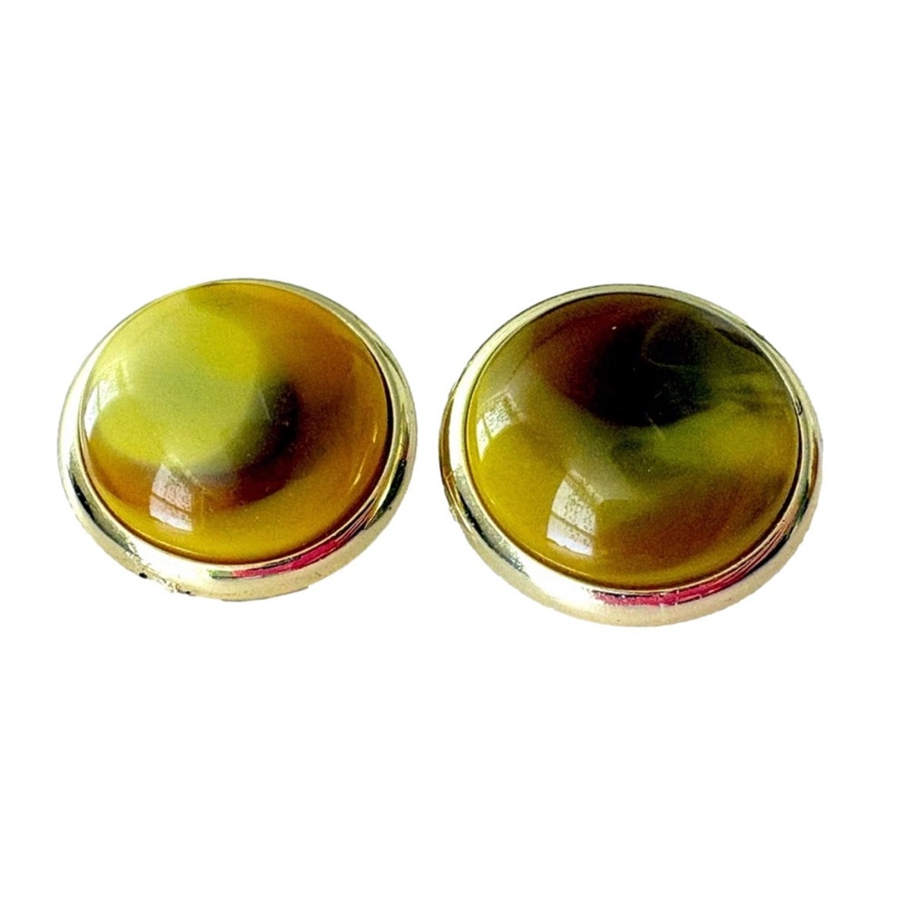 Vintage Chartreuse Brown Marble Circle Statement Clip-on Costume Earrings